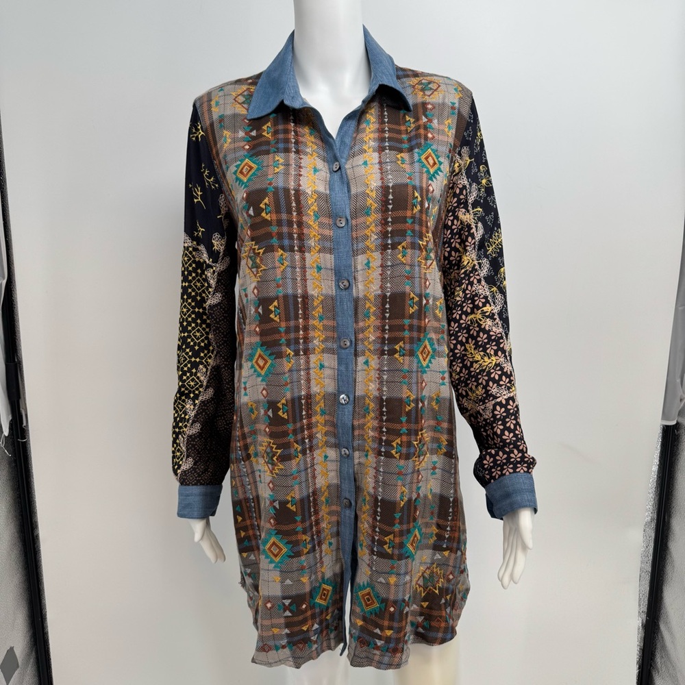 John Mark Tunic  Shirt Size S Plaid Embroidered Western Southwestern Boho NWT